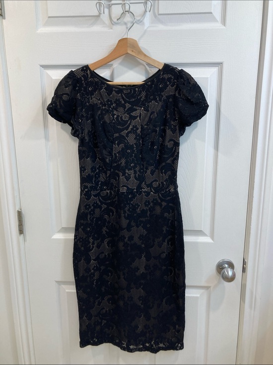 Mango Dresses & Skirts - Mango Black Lace Midi Dress with Puff Sleeves and Nude Lining